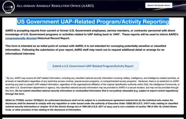 Screenshot des „US Government UAP-Related Program/Activity Reporting“-Systems der US-UFO-Untersuchungsbehörde AARO.Copyright: aaro.mil