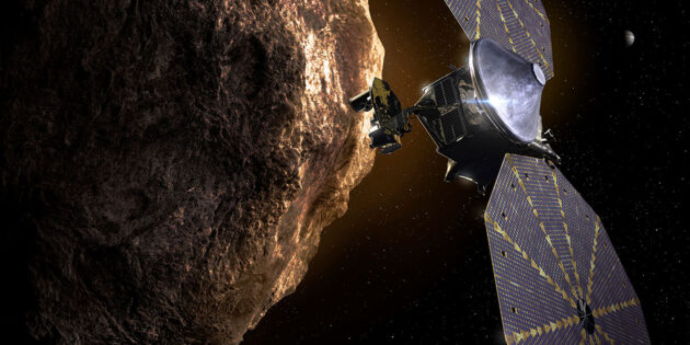 Künstlerische Darstellung der NASA-Asteroidenmission „Lucy“ (Illu.). Copyright: NASA