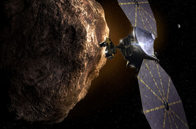 Künstlerische Darstellung der NASA-Asteroidenmission „Lucy“ (Illu.).Copyright: NASA