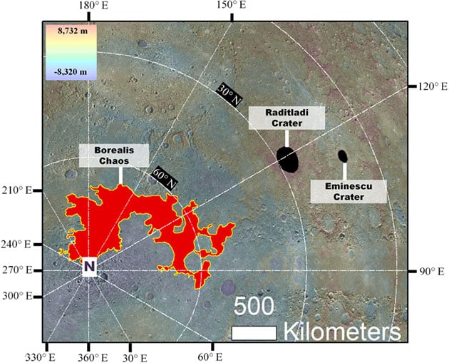 Eine Ansicht des nordpolaren chaotischen Geländes des Merkurs (Borealis Chaos) und der Krater Raditladi und Eminescu, in denen Hinweise auf mögliche Saltgletscher identifiziert wurden.Copyright: NASA
