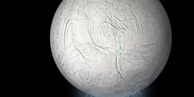 Künstlerische Darstellung der geysir-artigen Fontänen am Südpol des Saturnmondes Enceladus (Illu.). Copyright: NASA