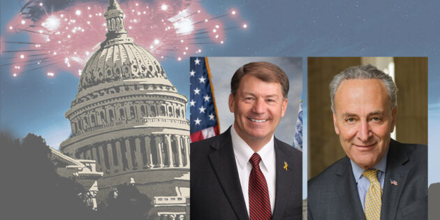 Die US-Senatoren Mike Rounds (l.) und Chuck Schumer sind die parteiübergreifenden Hauptautoren des „UAP Disclosure Act“ (UAPDA) Copyright: US Senat / grewi.de (Illu. Hintgr.)