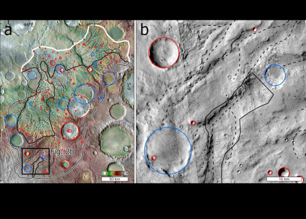 Detailansicht eines unbenannten Talnetzwerks auf dem Mars. Einschlagskrater sind mit blauen und roten Kreisen markiert. Rot markierte Krater stammen aus der Zeit nach der Entstehung Talnetzwerk, während die blau markierten Krater älter sind als das Talnetzwerk. Gestrichelte Kreise weisen einen geringeren Grad an Überlagerungssicherheit mit dem Talnetz auf. Die gestrichelte schwarze Linie ist das kartierte Talnetzwerk. (a) Überblick über das Talsystem. Das gesamte Becken ist weiß umrandet; die Hochlandgebiete, die weniger Erosion erfahren haben, sind schwarz umrandet. (b) Detail des in (a) markierten Bereichs.Copyright/Quelle: A. Morgan / MOLA MEGDR, NASA/USGS; THEMIS-Mosaik, ASU/NASA/USGS; CTX, NASA/MSSS
