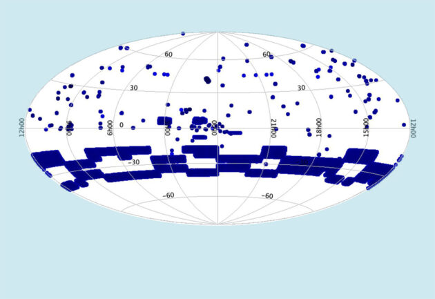 Die Grafik zeigt die Positionen aller bisher von COSMIC anvisierten Sterne. Die Koordinaten jedes kleinen Punktes stellen einen Zielstern dar und die ausgefüllten Himmelsfelder markieren Regionen, die bereits im Rahmen des VLA Sky Survey kartiert wurden, die den Himmel mit einer Rate von 2000 Quellen pro Stunde untersuchte.Copyright/Quelle: SETI Institute