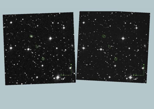 Abb. 1. Das linke Bild zeigt fünf Transienten am 27. Juli 1952 auf einer Fotoplatte der First Palomar Sky Survey. Das rechte Bild zeigt eine Aufnahme des selben Sternenfeldes in der Second Palomar Sky Survey, etwa 30 Jahre später.Quelle: Villarroel, Solano et al., 2022, arXiv. (Hinweis: Im arXiv-Artikel wird das Datum fälschlicherweise als 28. Juli 1952 angegeben.)
