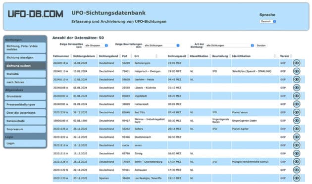 Auszug aus den Falldokumentationen der GEP in der UFO-Sichtungsdatenbank. (Klicken sie auf die Bildmitte, um zu einer vergrößerten Darstellung zu gelangen.)Quelle: GEP, www.ufo-forschung.de