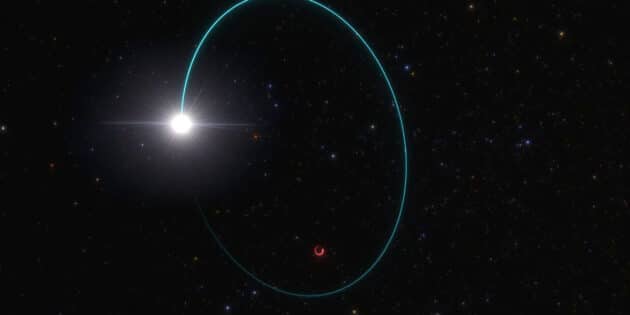 Künstlerische Darstellung des Systems mit dem massereichsten stellaren Schwarzen Loch mit der vorläufigen Bezeichnung „Gaia BH3“ in unserer Galaxie. Copyright: ESO/L. Calçada