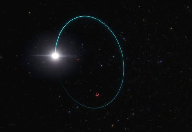 Künstlerische Darstellung des Systems mit dem massereichsten stellaren Schwarzen Loch mit der vorläufigen Bezeichnung „Gaia BH3“ in unserer Galaxie.Copyright: ESO/L. Calçada