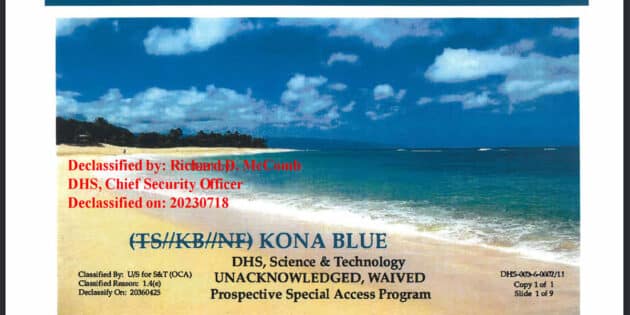Das Titelblatt der „Kona Blue“-Dokumente wirkt eher wie ein Reiseprospekt als wie ein Antrag auf ein Forschungsprogramm für nicht-menschliche Technologien un Biologika. Copyright/Quelle: AARO, US Gov.