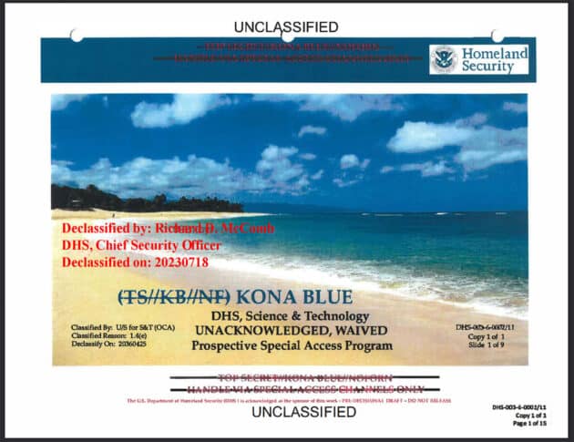 Das Titelblatt der „Kona Blue“-Dokumente wirkt eher wie ein Reiseprospekt als wie ein Antrag auf ein Forschungsprogramm für nicht-menschliche Technologien un Biologika.Copyright/Quelle: AARO, US Gov.
