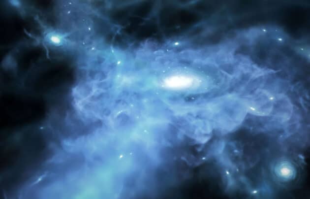Künstlerische Darstellung des Entstehungsprozesses von Galaxien durch Zusammenballung von Gasen. Die aktuelle Beobachtung mit dem Webb-Teleskop basiert weniger auf visuellen Bildern als auf ermittelten Signalen.Copyright: NASA