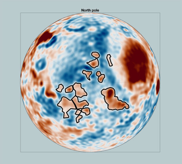 Diese Mars-Karte hebt die dichten Gravitationsstrukturen auf der Nordhalbkugel hervor. Die durch schwarze Linien gekennzeichneten Regionen sind Massenanomalien, die keine Korrelation mit Geologie und Topografie aufweisen. Diese verborgenen unterirdischen Strukturen sind von Sedimenten eines alten Ozeans bedeckt. Ihre Herkunft ist noch ein Rätsel, und eine spezielle Gravitationsmission, wie MaQuIs, ist erforderlich, um ihre Natur zu enthüllen.Quelle: Root et al. 2024