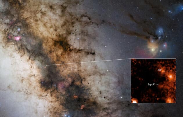 Die Aufnahme zeigt die Position des neu entdeckten Doppelsterns „D9“, der Sagittarius A*, das supermassereiche Schwarze Loch im Zentrum unserer Galaxie, umkreist. Copyright/Quelle: ESO/F. Peißker et al., S. Guisard