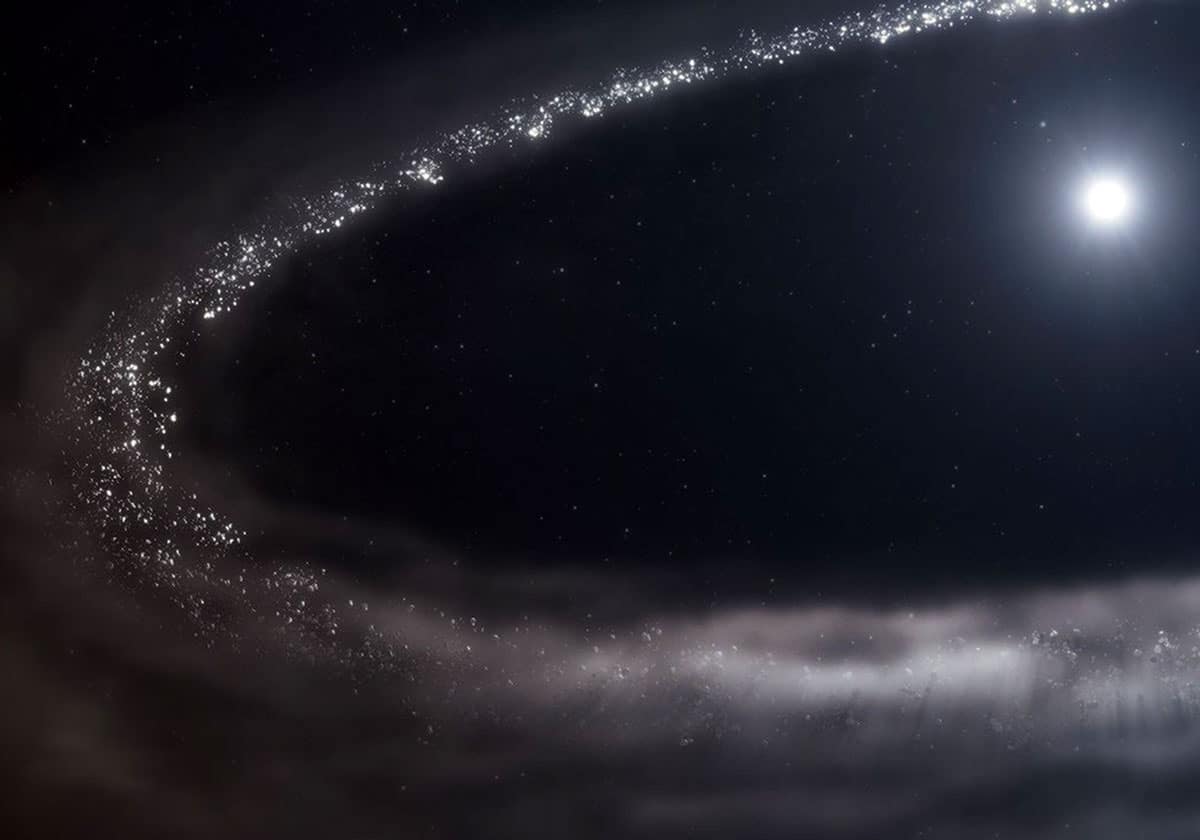 Künstlerische Darstellung von Wassereiskristallen in der Gas- und staubscheibe um einen noch jungen, Sonnenähnlichen Stern „HD 181327“ (Illu.).Copyright: Bildnachweis: NASA, ESA, CSA, Ralf Crawford (STScI)