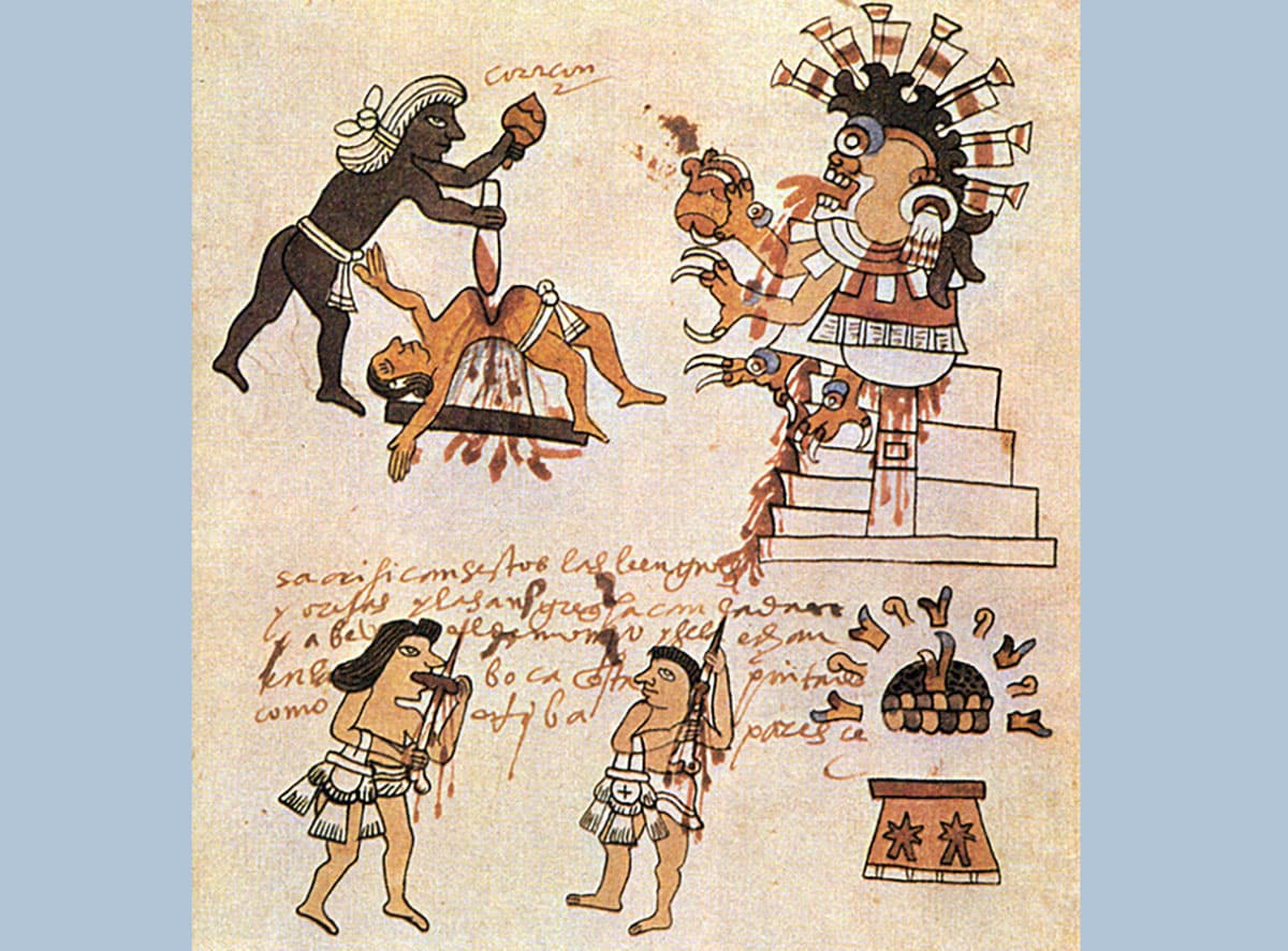 Opferdarstellungen wie diese aus dem sog. Codex Tudela prägen bis heute das Bild der Maya.Copyright: Gemeinfrei