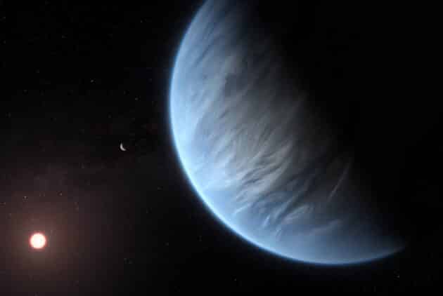 Künstlerische Darstellung des Mini-Neptuns K2-18b mit seinem Mutterstern und einem Begleitplaneten (Illu). Copyright: ESA/Hubble, M. Kornmesser, CC BY 4.0