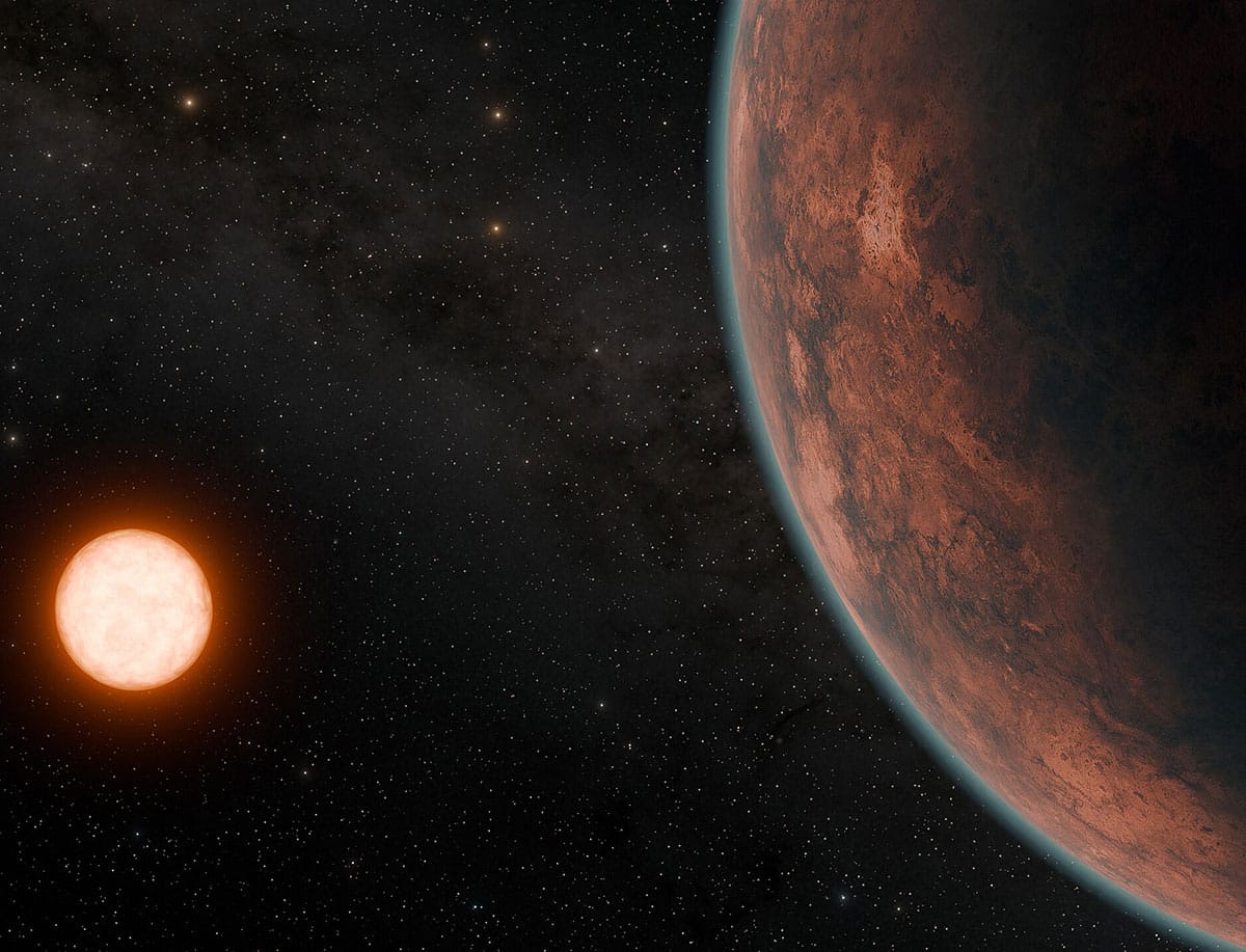 Grafische Darstellung eines Felsplaneten um einen Roten Zwergstern (Illu.).Copyright: NASA/JPL-Caltech/R. Hurt (Caltech-IPAC)