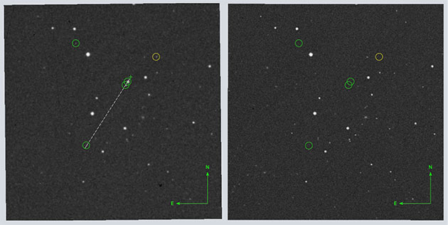 Kandidat 2. Wir zeigen den Kandidaten in SuperCosmos-Scans der roten POSS-I-Aufnahme (links) und der roten POSS-II-Aufnahme (rechts). Transienten sind mit grünen Kreisen markiert. Der Kandidat mit gemessener Koordinate ist mit einem Kreuz (+) gekennzeichnet. Eine gestrichelte weiße Linie zeigt die Ausrichtung an. Gelbe Kreise markieren Defekte. Die weiße Linie, die das POSS-I-Feld durchquert, ist ein Scanfehler. In den POSS-I-Aufnahmen sind vier Transienten zu erkennen, von denen drei eine gerade Linie bilden.Quelle: Zitat der Bildunterschrift (Fig. 8) aus Villarroel et al., ResearchGate.net 2025
