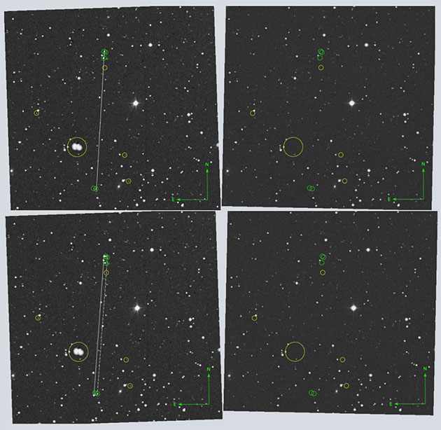 Kandidat 3. Wir zeigen den Kandidaten in SuperCosmos-Scans der roten POSS-I-Aufnahme (links) und der roten POSS-II-Aufnahme (rechts). Die obere Bildreihe zeigt eine 3-Punkt-Ausrichtung innerhalb von 1–2 Bogensekunden. Die untere Bildreihe zeigt eine 5-Punkt-Ausrichtung innerhalb von 15 Bogensekunden. Transienten sind mit grünen Kreisen markiert. Der Kandidat mit gemessener Koordinate ist mit einem Kreuz (+) gekennzeichnet und weist möglicherweise eine leicht zweifelhafte Form auf. Die gestrichelten Linien zeigen die jeweilige Ausrichtung (die weiße Doppellinie markiert die breitere Ausrichtung unten). Gelbe Kreise kennzeichnen sowohl Plattendefekte als auch Scanfehler.Quelle: Zitat der Bildunterschrift (Fig. 9) aus Villarroel et al., ResearchGate.net 2025