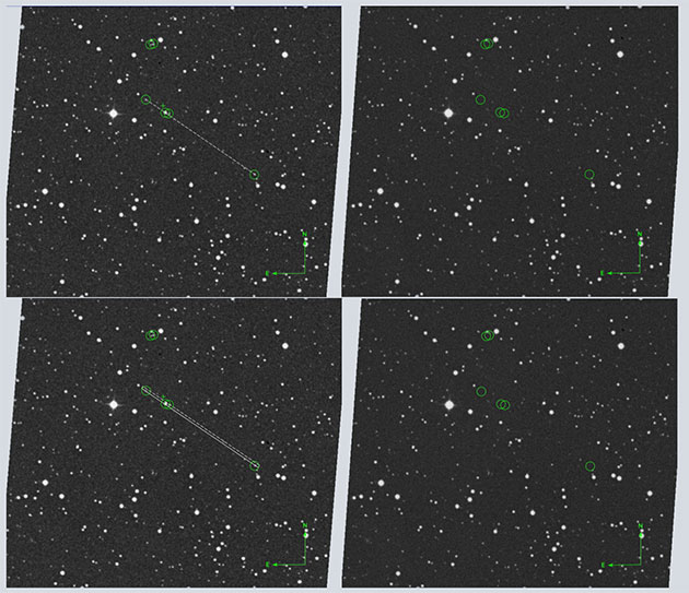 Kandidat 4. Wir zeigen den Kandidaten in SuperCosmos-Scans der roten POSS-I-Aufnahme (links) und der roten POSS-II-Aufnahme (rechts). Die obere Bildreihe zeigt eine 3-Punkt-Ausrichtung innerhalb von 1 Bogensekunde. Die untere Bildreihe zeigt eine 4-Punkt-Ausrichtung innerhalb von 5 Bogensekunden. Transienten sind mit grünen Kreisen markiert. Der Kandidat mit gemessener Koordinate ist mit einem Kreuz (+) gekennzeichnet. Die gestrichelten Linien zeigen die jeweilige Ausrichtung (die weiße Doppellinie markiert die breitere Ausrichtung unten).Quelle: Zitat der Bildunterschrift (Fig. 10) aus Villarroel et al., ResearchGate.net 2025
