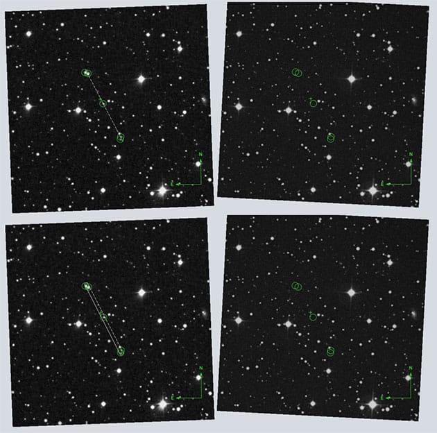 Kandidat 5. Wir zeigen den Kandidaten in SuperCosmos-Scans der roten POSS-I-Aufnahme (links) und der roten POSS-II-Aufnahme (rechts). Die obere Bildreihe zeigt eine 3-Punkt-Ausrichtung innerhalb von 1 Bogensekunde. Die untere Bildreihe zeigt eine 5-Punkt-Ausrichtung innerhalb von 10 Bogensekunden. Transienten sind mit grünen Kreisen markiert. Der Kandidat mit gemessener Koordinate ist mit einem Kreuz (+) gekennzeichnet. Die gestrichelten Linien zeigen die jeweilige Ausrichtung (die weiße Doppellinie markiert die breitere Ausrichtung unten).Quelle: Zitat der Bildunterschrift (Fig. 11) aus Villarroel et al., ResearchGate.net 2025