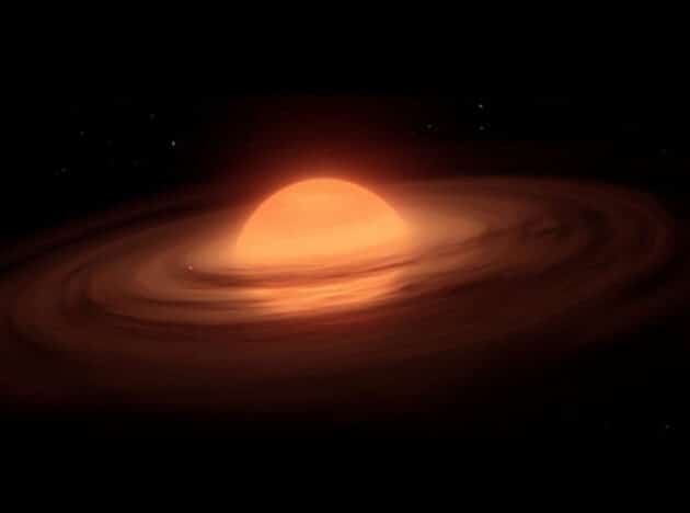 Künstlerische Darstellung eines einsamen Riesenplaneten, der von einer protoplanetaren Scheibe umgeben ist, aus der heraus selbst wieder Planeten entstehen können (Illu.). Copyright/Quelle: University of St Andrews