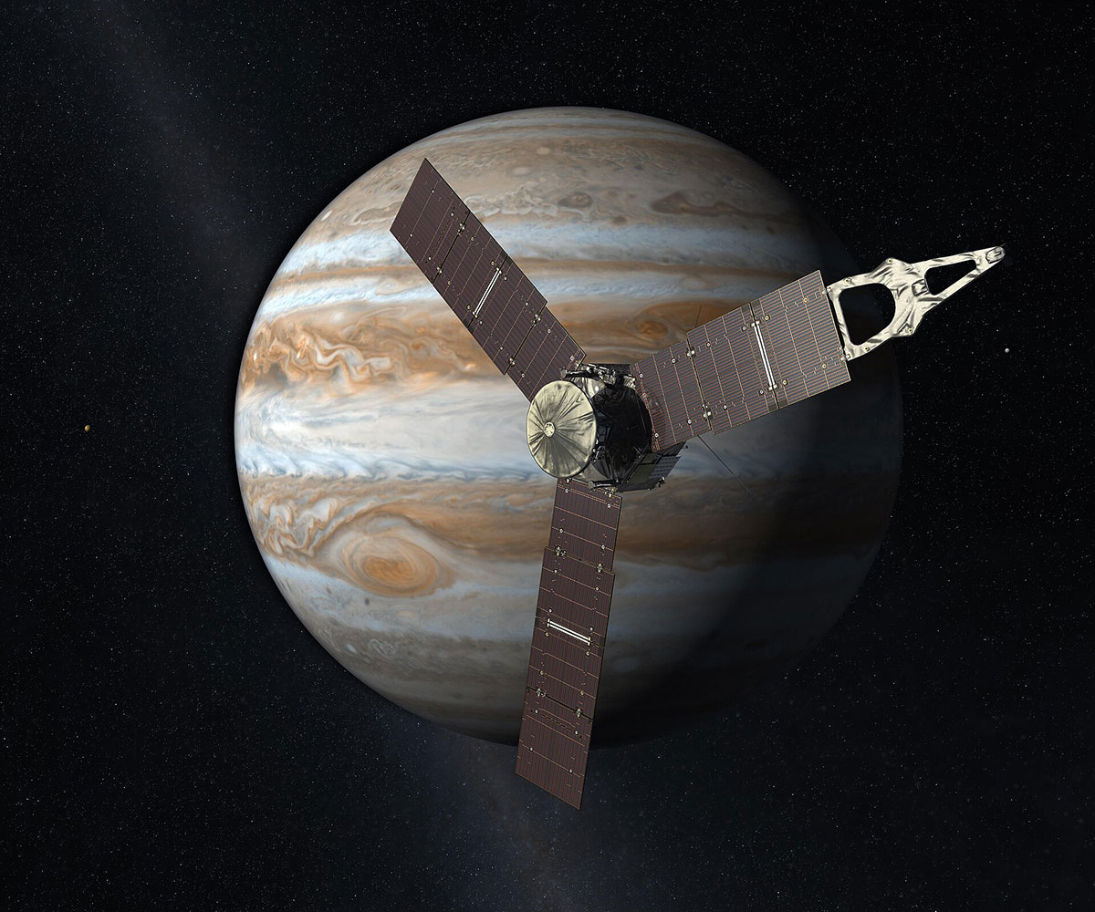 Künstlerische Darstellung der Juno-Sonde vor dem Jupiter.Copyright: NASA/JPL