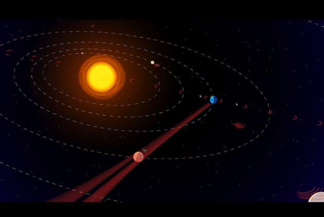 Künstlerische Darstellung: Menschliche Radiosignale aus dem Deep-Space-Network (DSN) strahlen entlang der Bahnebenen des Sonnensystems ins All hinaus. Vor allem bei Konstellationen wie Erde-Mars-Ausrichtungen könnten außerirdische Zivilisationen diese Signale auffangen. Copyright: NASA/JPL-Caltech