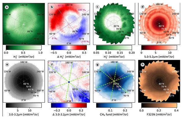 Verschiedene Spektral-Ansichten der Perlen (o.) und des verstümmelten Sechssterns (u.).Copyright: Tom S. Stallard et al., Geophysical Research Letters 2025