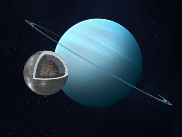 Künstlerische Darstellung und Querschnitt des Uranus-Mondes Ariel (Illu.). Credit: NASA/JPL-Caltech/PSI/Mikayla Kelley/Peter Buhler
