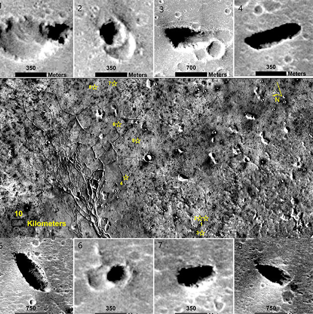 Die acht Skylights in der Marsregion Hebrus Valles auf Aufnahmen des Mars Global Surveyor“-Sonde.Quelle: NASA, Ding et al., The Astrophysical Journal Letters 2025