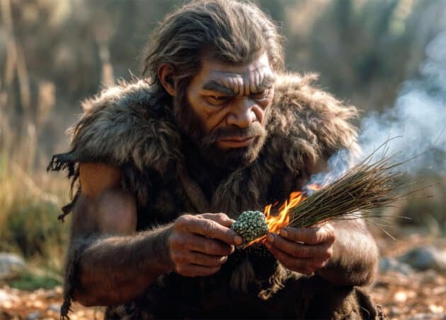 Symbolbild: Ein Neandertaler beim Feuermachen. Copyright: grewi.de (mit KI erstellt)