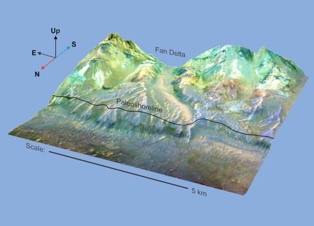 Grafische Datendarstellung der Delta-Ablagerungen mit der frühzeitlichen Küstenlinie Quelle: ESA/ExoMars – TGO, CaSSIS/ Ignatius Argadestya