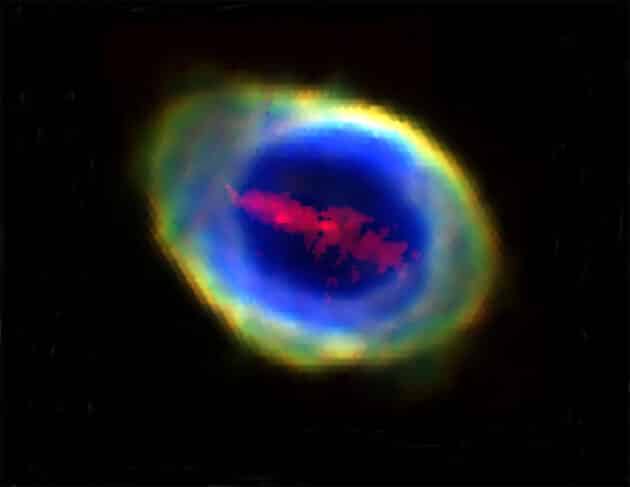 Ein zusammengesetztes RGB-Bild des Ringnebels (auch bekannt als Messier 57 und NGC 6720), erstellt aus vier WEAVE/LIFU-Emissionslinienaufnahmen. Der helle äußere Ring besteht aus Licht, das von drei verschiedenen Sauerstoff-Ionen emittiert wird, während der „Balken“ in der Mitte durch Licht eines Plasmas aus vierfach ionisierten Eisenatomen entsteht. Quelle/Copyright: University College London / CC BY 4.0