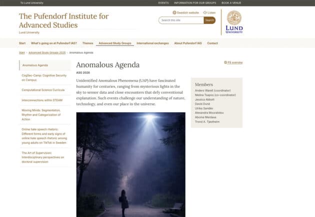 Screenshot der Webseite der neuen Advanced Study Group „Anomalous Agenda“ an der  schwedischen Lund Universität. Copyright: www.pi.lu.se