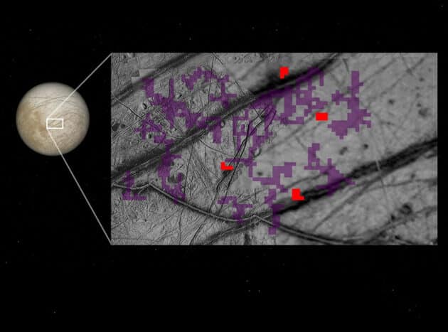 Rote Pixel markieren Stellen auf Europas Oberfläche, an denen die Raumsonde Galileo ammoniakhaltige Verbindungen nachgewiesen hat. Violett kennzeichnet Bereiche ohne entsprechende Spuren. Quelle: NASA/JPL-Caltech