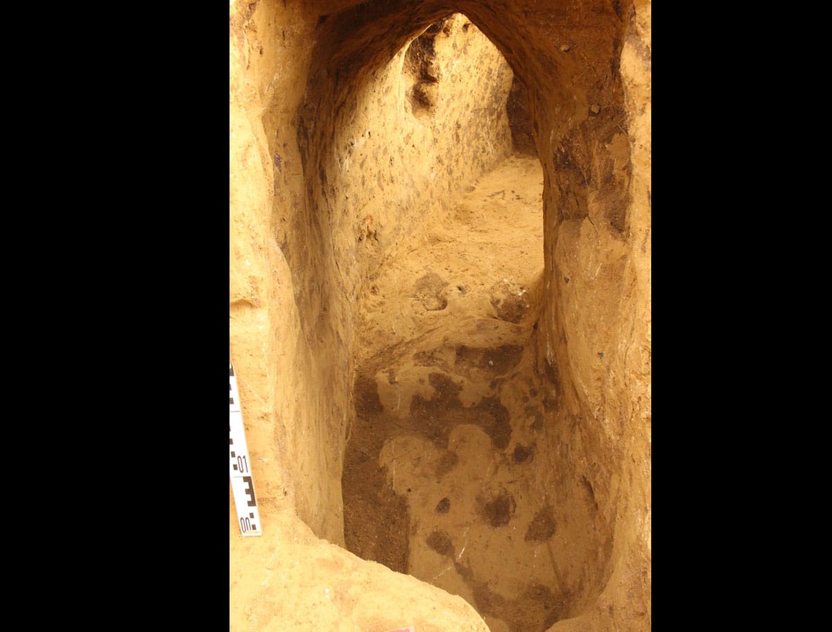 Vollständig freigelegter Gang des Erdstalls mit Spitzgiebel und kleiner Nische in der Wandung. Ganghöhe um einen Meter, Breite 50 bis 70 Zentimeter.Copyright/Quelle: Landesamt für Denkmalpflege und Archäologie Sachsen-Anhalt, Ulf Petzschmann.