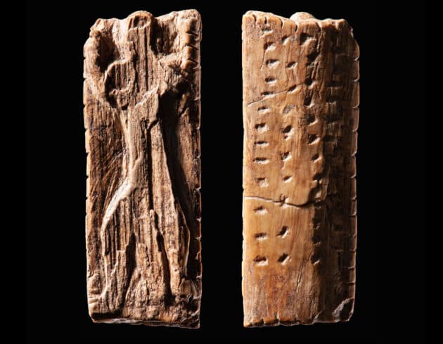 Der sog. „Adorant“, Eine Elfenbeinplatte aus der Geißenklösterle Höhle ist rund 40.000 Jahre alt. Während auf einer Seite eine anthropomorphe Figur sowie mehrere Reihen von Kerben und Punkten eingeschnitzt wurden, zeigt, die andere Reihen von Punkten, deren Anordnung auf ein Notationssystem schließen lässt. Copyright/Quelle: Landesmuseum Württemberg / Hendrik Zwietasch, CC BY 4.0