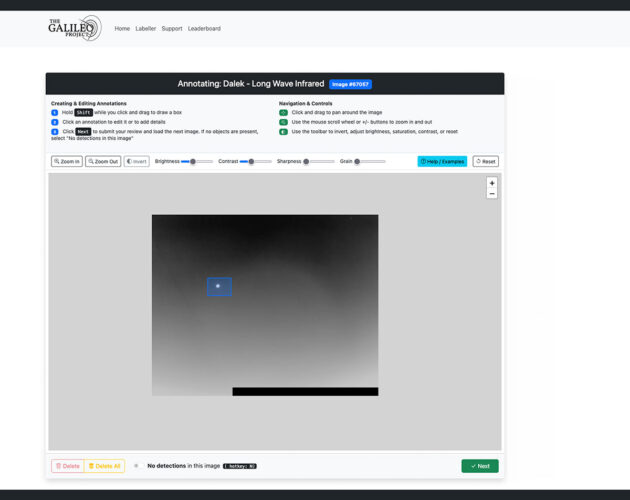Screenshot des Labeling-Werkzeugs für Detektionen mit dem DALEK-Observatoriums des Galileo Projects. Copyright/Quelle: Galileo Project